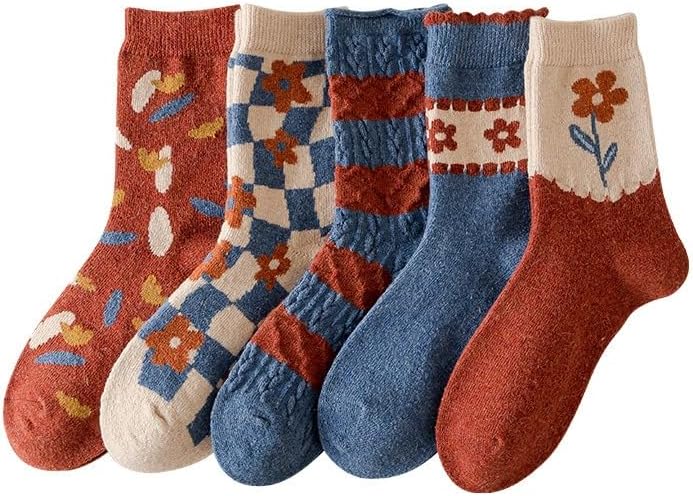 FORJMMP 5/10 Pairs Wool Socks for Women Thick Knit Vintage Cute Floral Crew Socks - Image 1